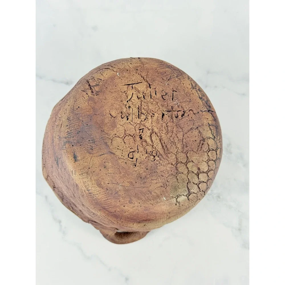Handmade Studio Pottery Bowl with Handles and Scale Design - Signed!